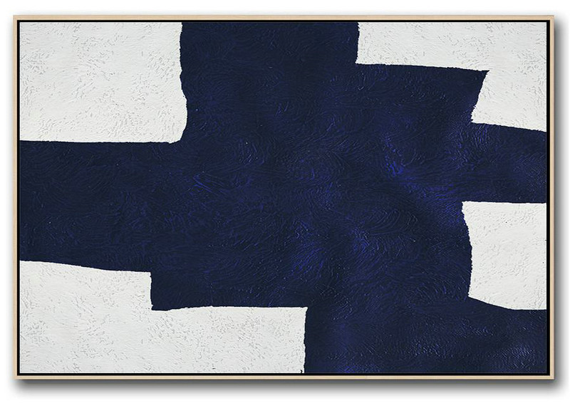 Huge Abstract Canvas Art,Horizontal Abstract Painting Navy Blue Minimalist Painting On Canvas,Living Room Wall Art #X6M8